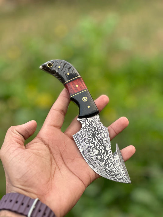 Premium Custom Handmade Damascus Steel Guthook Skinning Knife with Resin Handle - 7.5” Sharp Blade with Leather Sheath