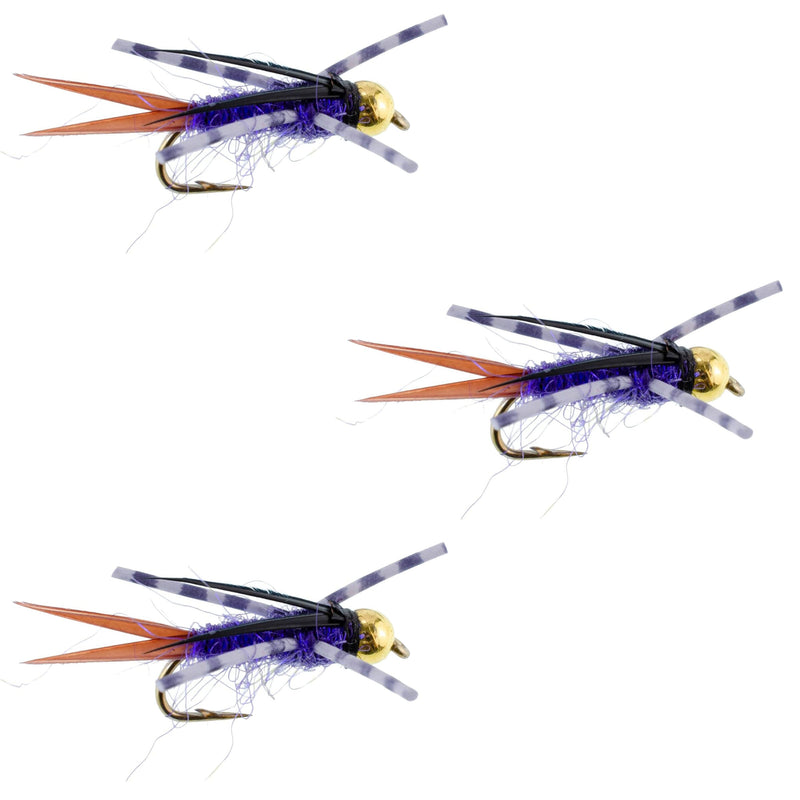 Load image into Gallery viewer, 3 Pack Bead Head Purple Batman Rubber Legs Nymph Fly - Hook Size 16
