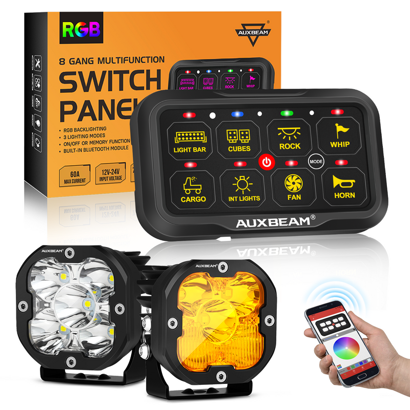 Load image into Gallery viewer, AR-800 RGB Switch Panel + 3 Inch LED Pods with White&amp;Yellow Cover
