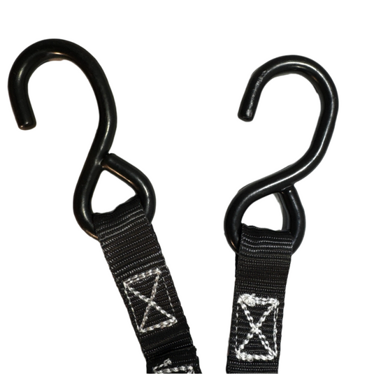 1" Black Ratchet Strap w/Vinyl S Hook LENGTH OPTIONS | FOUR PACK