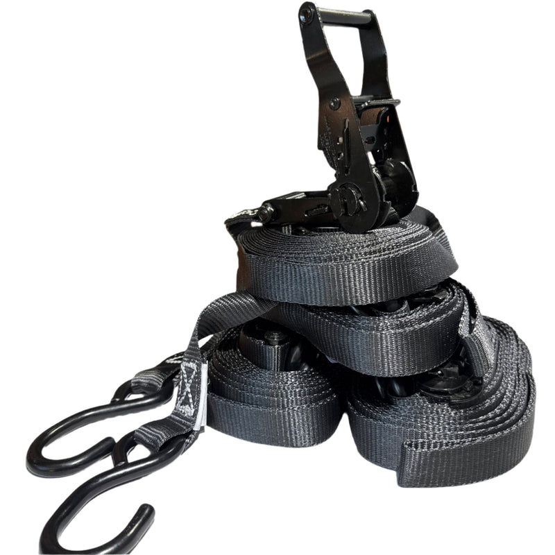 Load image into Gallery viewer, 1&quot; Black Ratchet Strap w/Vinyl S Hook LENGTH OPTIONS | FOUR PACK
