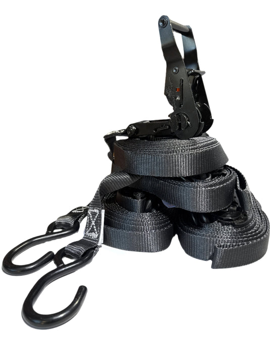 1" Black Ratchet Strap w/Vinyl S Hook LENGTH OPTIONS | FOUR PACK