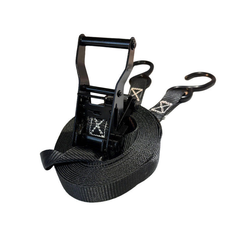Load image into Gallery viewer, 1&quot; Black Ratchet Strap w/Vinyl S Hook LENGTH OPTIONS | FOUR PACK
