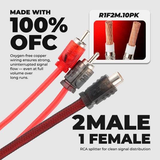 Level 2 RCA 100% Copper OFC Y Connector 1 FEMALE to 2 MALE - 10 Pack