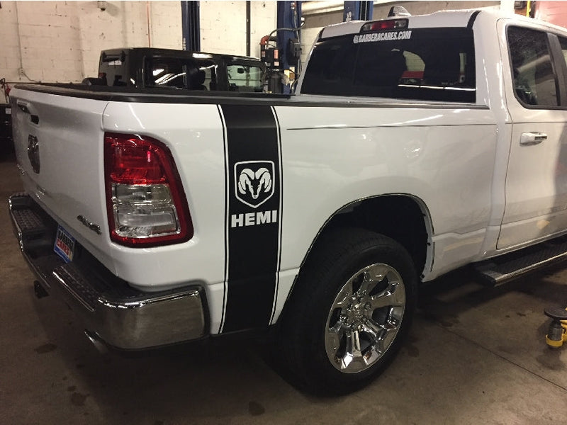 Load image into Gallery viewer, Ram Head With &quot;HEMI&quot; Word Quarter Panel Decals for 2009-2024 Dodge Ram 1500 (x2)
