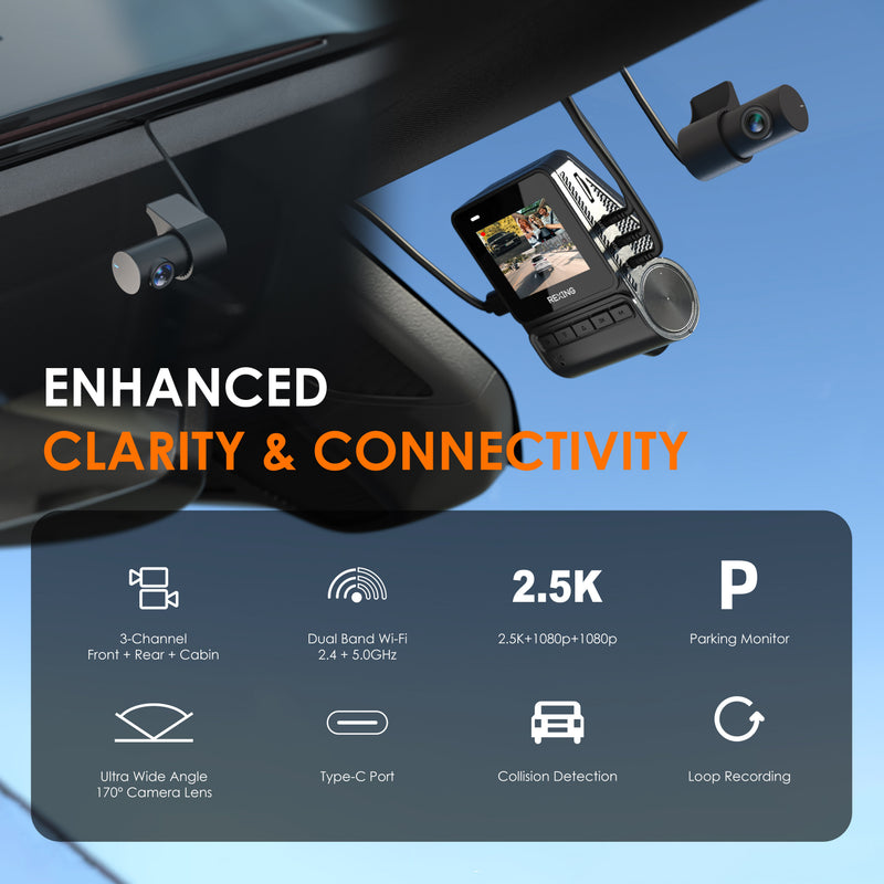 Load image into Gallery viewer, REXING RH2 Triple Channel Dash Cam – 2.5K Front and Dual 1080p Rear Cameras with Wi-Fi, and Optional GPS
