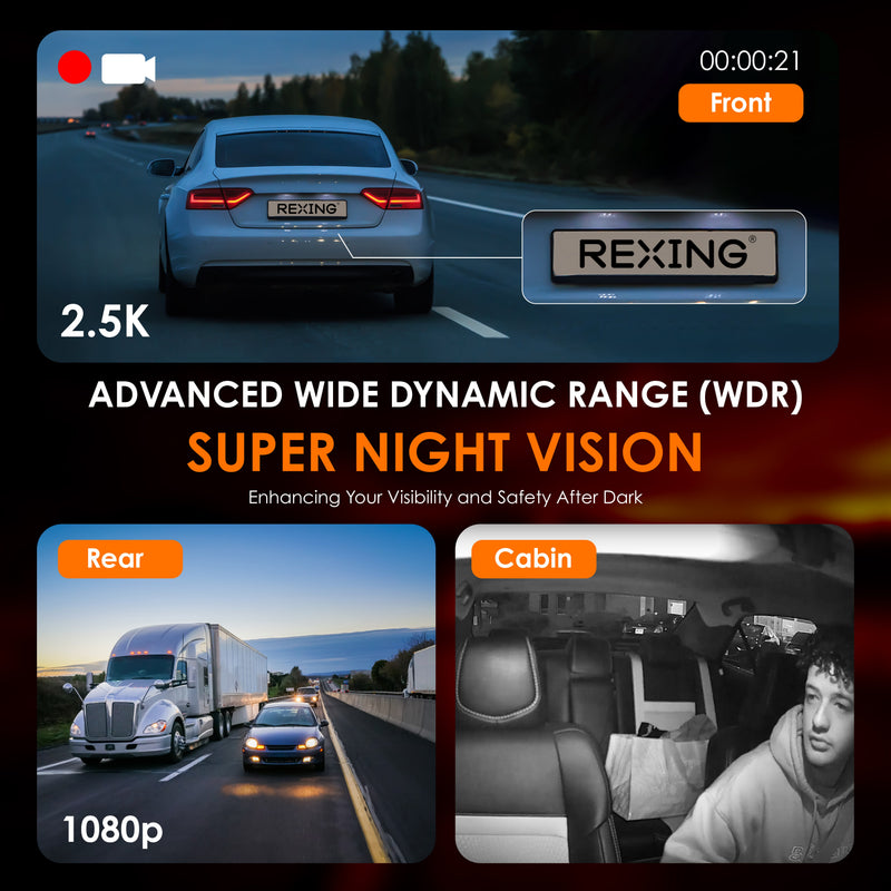 Load image into Gallery viewer, REXING RH2 Triple Channel Dash Cam – 2.5K Front and Dual 1080p Rear Cameras with Wi-Fi, and Optional GPS
