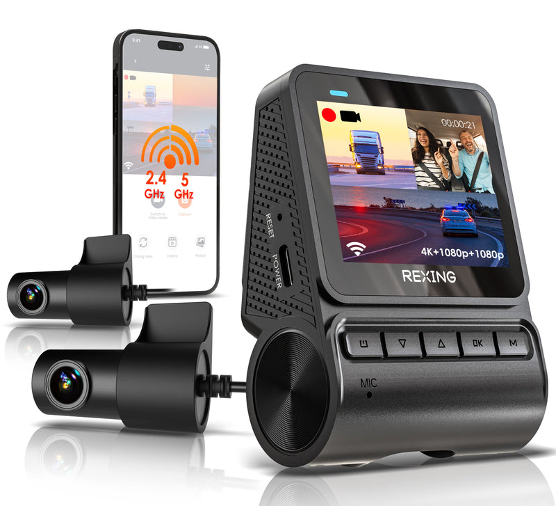 Load image into Gallery viewer, REXING RH2 Triple Channel Dash Cam – 2.5K Front and Dual 1080p Rear Cameras with Wi-Fi, and Optional GPS
