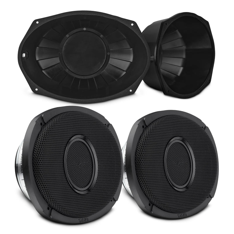 Load image into Gallery viewer, 6x9” Hybrid Motorcycle Speaker Bundle – Slim 2-Way Loudspeakers + Sealed ABS Baffles (Pair) | IP65 Water-Resistant, High Output
