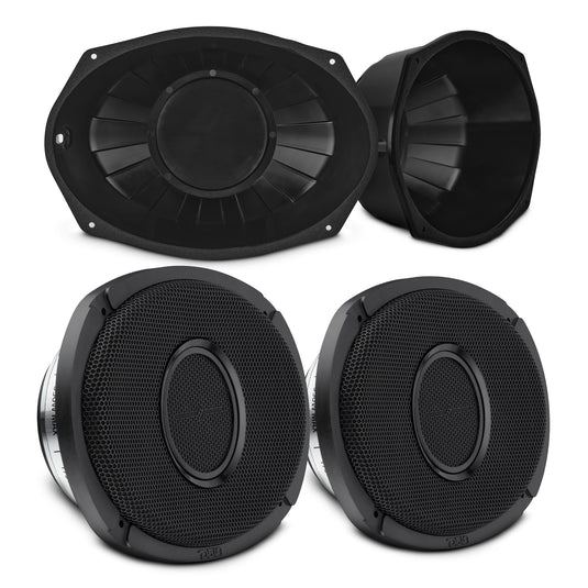 6x9” Hybrid Motorcycle Speaker Bundle – Slim 2-Way Loudspeakers + Sealed ABS Baffles (Pair) | IP65 Water-Resistant, High Output