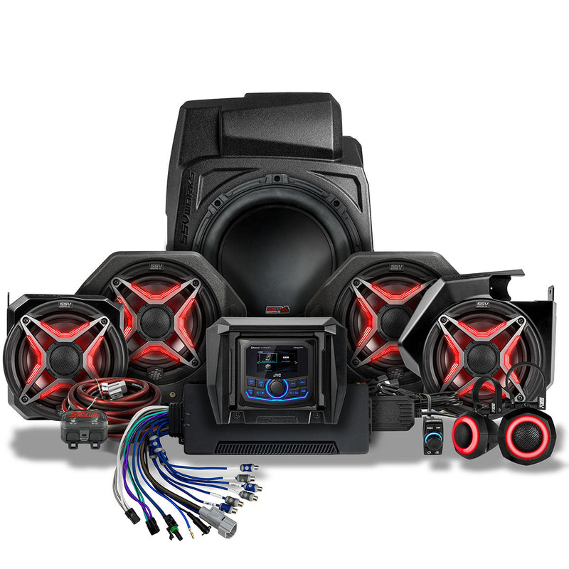 Load image into Gallery viewer, 2025-2026 Polaris® RZR Pro R / Pro S / Pro XP Phase-5 V-Spec 7-Speaker Plug-&amp;-Play Kit w/JVC Radio
