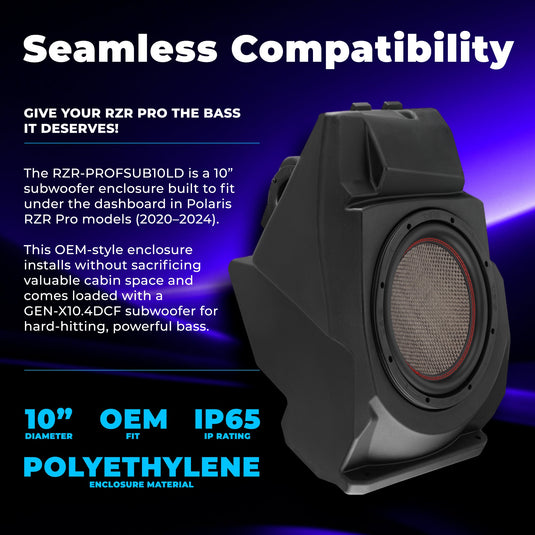 Polaris RZR Pro (2020–2024) Under-Dash 10” Subwoofer Enclosure – Loaded GEN-X10.4DCF | 600W RMS, Dual 4 Ohm | IP65 Water-Resistant