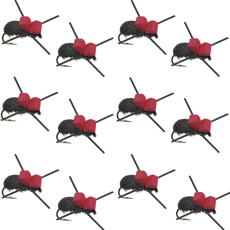 Load image into Gallery viewer, Barbless Red Top Black Foam Beetle Terrestrial Trout Dry Fly Fishing Flies - 1 Dozen Flies Size 14
