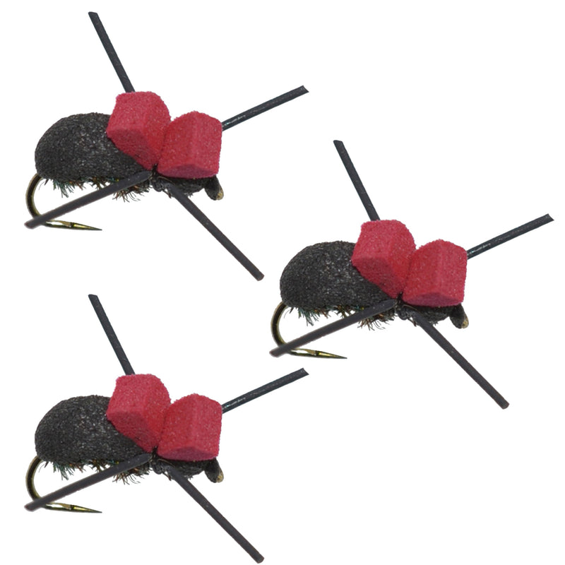 Load image into Gallery viewer, 3 Pack Barbless Red Top Black Foam Beetle Terrestrial Trout Dry Fly Fishing Flies - Hook Size 14
