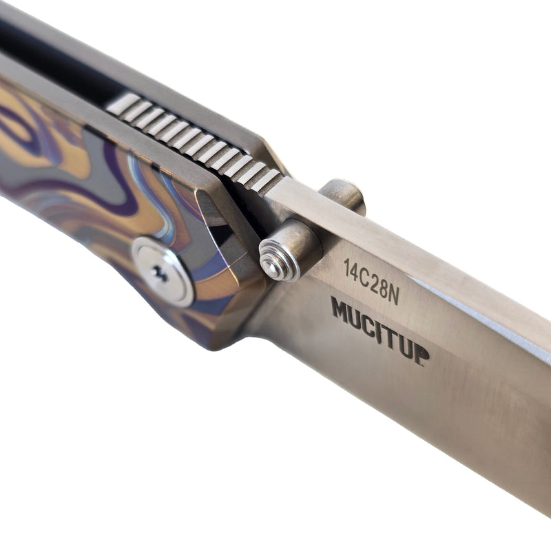 Load image into Gallery viewer, MUCITUP Rift Ti Titanium Folding Knife 14C28N Front Flipper EDC 7.25"
