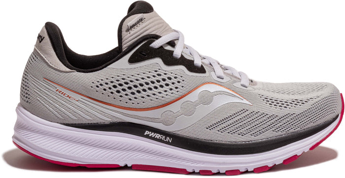 Women's Saucony Ride 14, Fog/Cherry, 5.5 B Medium - Skoutley Outdoors LLC