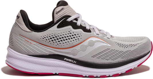 Women's Saucony Ride 14, Fog/Cherry, 5.5 B Medium - Skoutley Outdoors LLC
