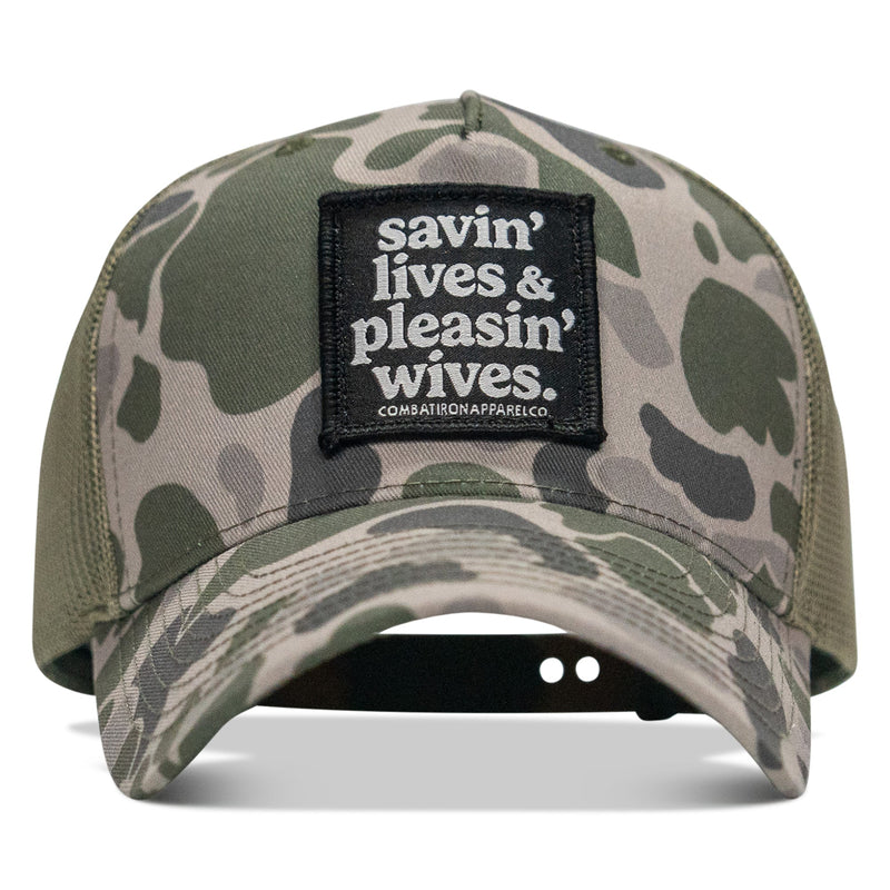 Load image into Gallery viewer, Savin&#39; Lives &amp; Pleasin&#39; Wives Patch SnapBack Hat
