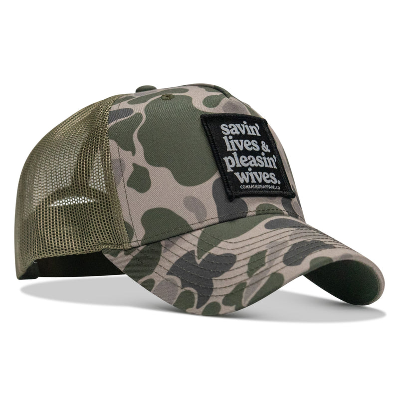 Load image into Gallery viewer, Savin' Lives &amp; Pleasin' Wives Patch SnapBack Hat
