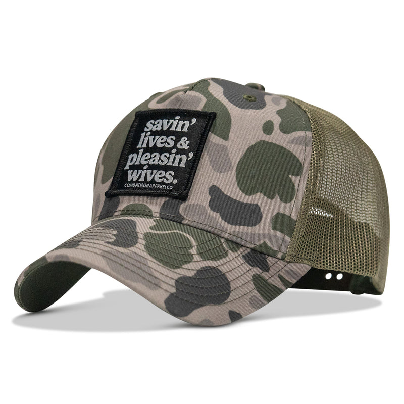 Load image into Gallery viewer, Savin' Lives &amp; Pleasin' Wives Patch SnapBack Hat
