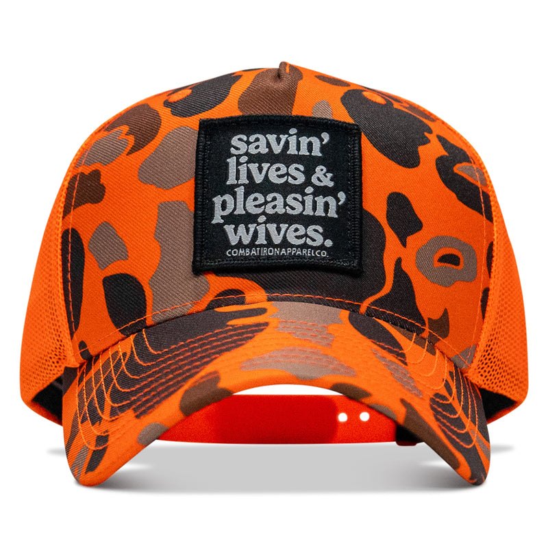 Load image into Gallery viewer, Savin' Lives &amp; Pleasin' Wives Patch SnapBack Hat
