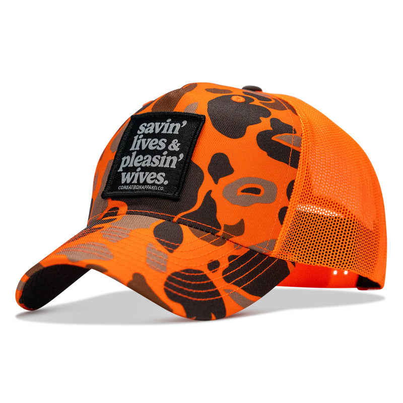 Load image into Gallery viewer, Savin' Lives &amp; Pleasin' Wives Patch SnapBack Hat
