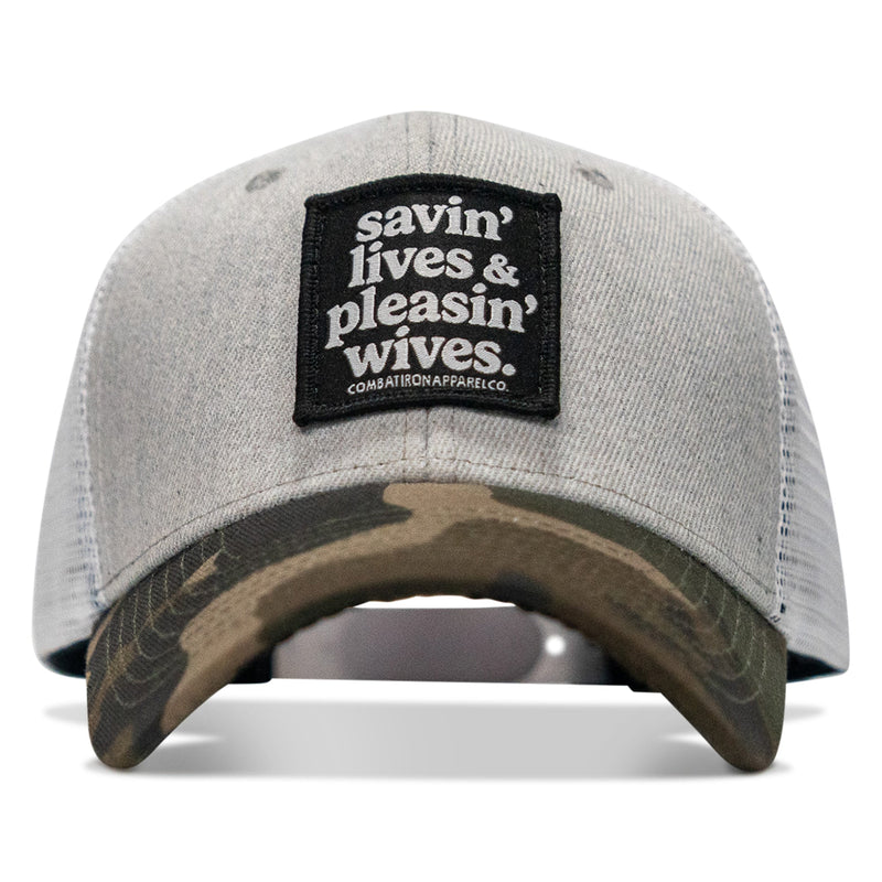 Load image into Gallery viewer, Savin' Lives &amp; Pleasin' Wives Patch SnapBack Hat
