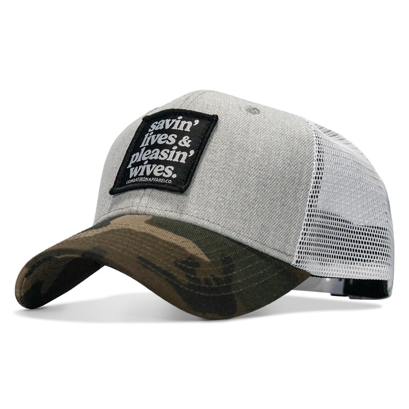 Load image into Gallery viewer, Savin' Lives &amp; Pleasin' Wives Patch SnapBack Hat
