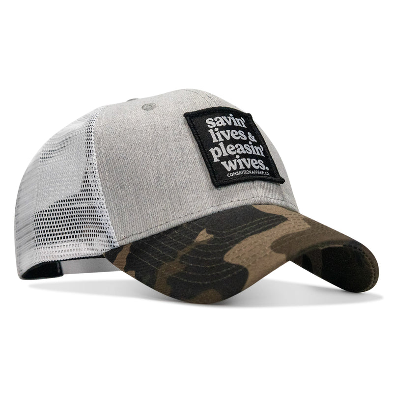 Load image into Gallery viewer, Savin' Lives &amp; Pleasin' Wives Patch SnapBack Hat
