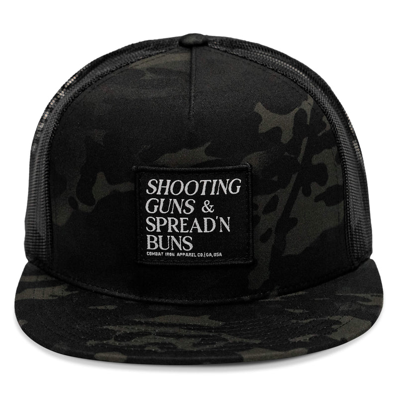 Load image into Gallery viewer, Shooting Guns &amp; Spreadin' Buns Patch Flatbill Hat
