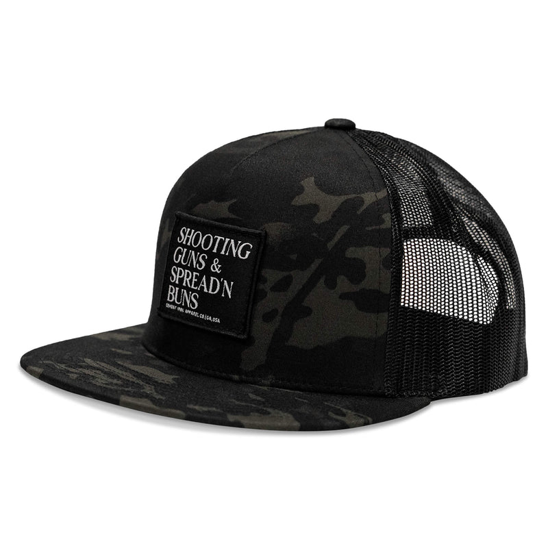 Load image into Gallery viewer, Shooting Guns &amp; Spreadin' Buns Patch Flatbill Hat
