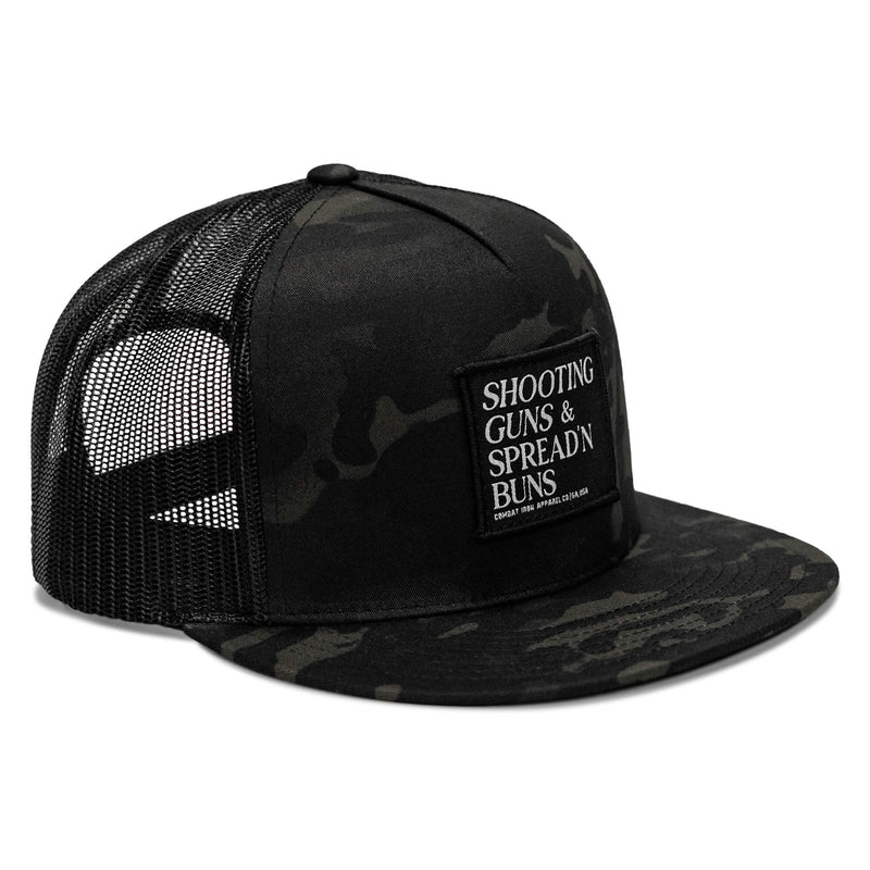 Load image into Gallery viewer, Shooting Guns &amp; Spreadin' Buns Patch Flatbill Hat
