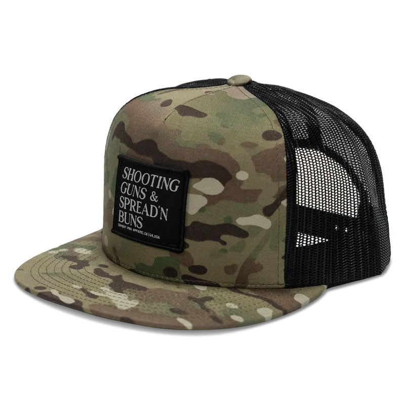 Load image into Gallery viewer, Shooting Guns &amp; Spreadin' Buns Patch Flatbill Hat
