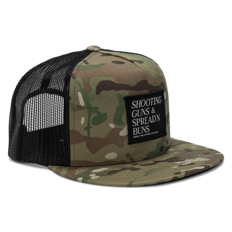 Load image into Gallery viewer, Shooting Guns &amp; Spreadin' Buns Patch Flatbill Hat
