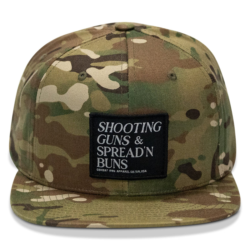 Load image into Gallery viewer, Shooting Guns &amp; Spreadin' Buns Patch Flatbill Hat
