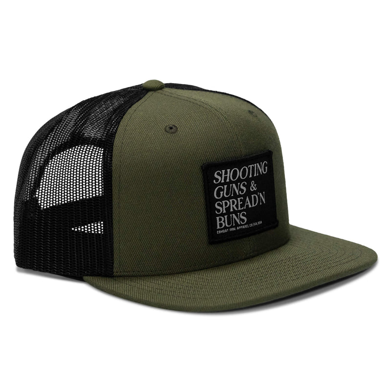 Load image into Gallery viewer, Shooting Guns &amp; Spreadin' Buns Patch Flatbill Hat
