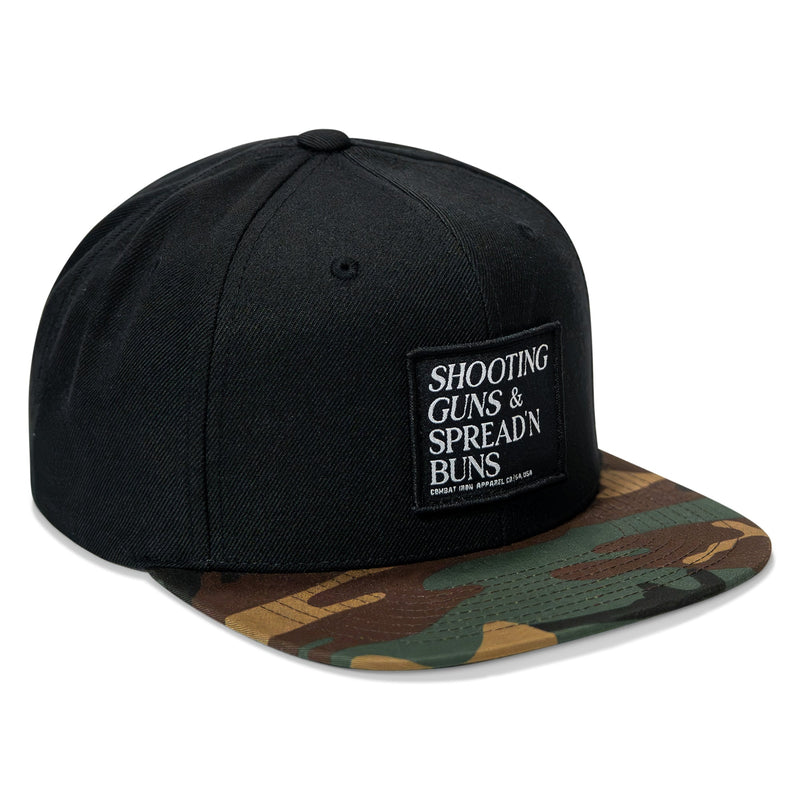 Load image into Gallery viewer, Shooting Guns &amp; Spreadin' Buns Patch Flatbill Hat
