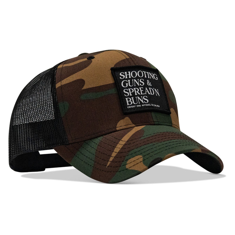 Load image into Gallery viewer, Shooting Guns &amp; Spread'n Buns Patch Snapback Hat
