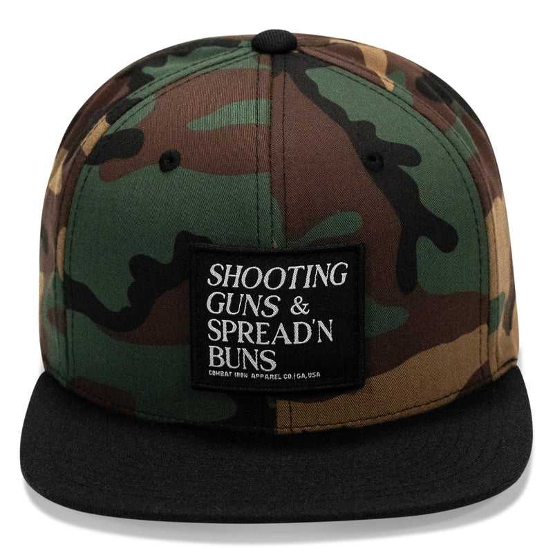 Load image into Gallery viewer, Shooting Guns &amp; Spreadin' Buns Patch Flatbill Hat

