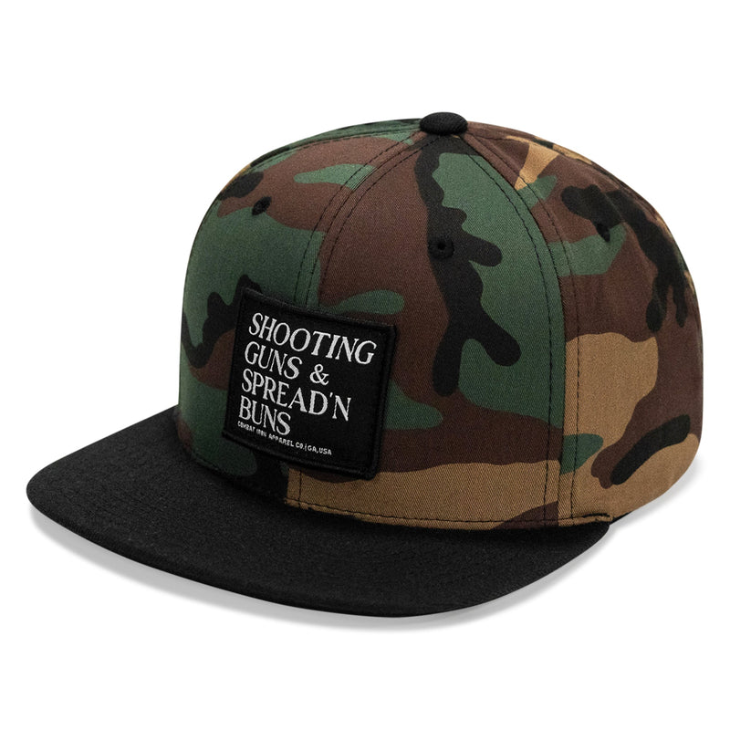 Load image into Gallery viewer, Shooting Guns &amp; Spreadin' Buns Patch Flatbill Hat
