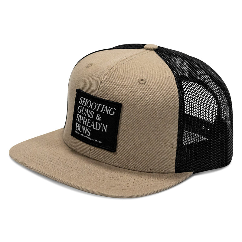 Load image into Gallery viewer, Shooting Guns &amp; Spreadin' Buns Patch Flatbill Hat
