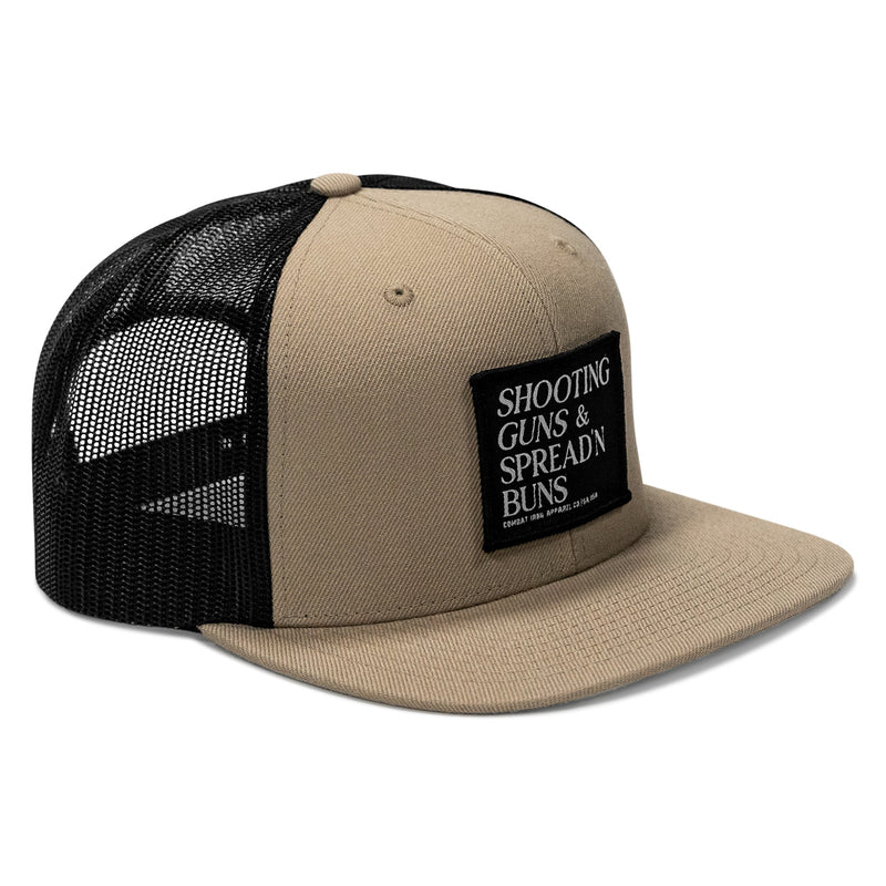 Load image into Gallery viewer, Shooting Guns &amp; Spreadin' Buns Patch Flatbill Hat
