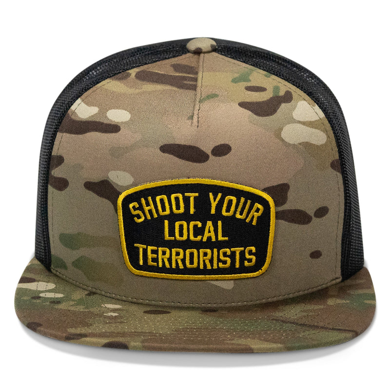 Load image into Gallery viewer, Shoot Your Local Terrorist Patch Flatbill Snapback Hat
