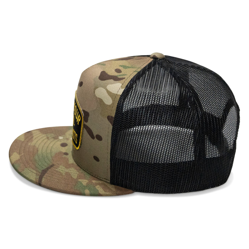 Load image into Gallery viewer, Shoot Your Local Terrorist Patch Flatbill Snapback Hat
