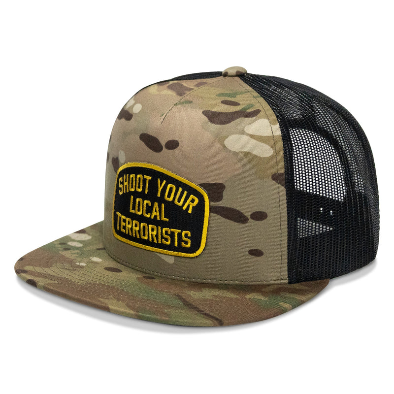 Load image into Gallery viewer, Shoot Your Local Terrorist Patch Flatbill Snapback Hat
