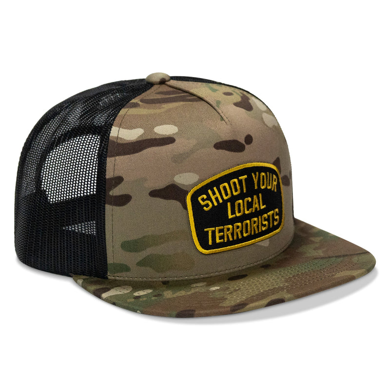 Load image into Gallery viewer, Shoot Your Local Terrorist Patch Flatbill Snapback Hat
