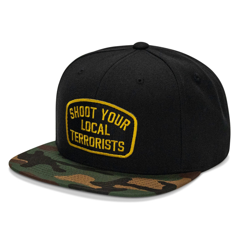 Load image into Gallery viewer, Shoot Your Local Terrorist Patch Flatbill Snapback Hat
