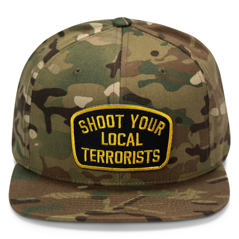 Load image into Gallery viewer, Shoot Your Local Terrorist Patch Flatbill Snapback Hat
