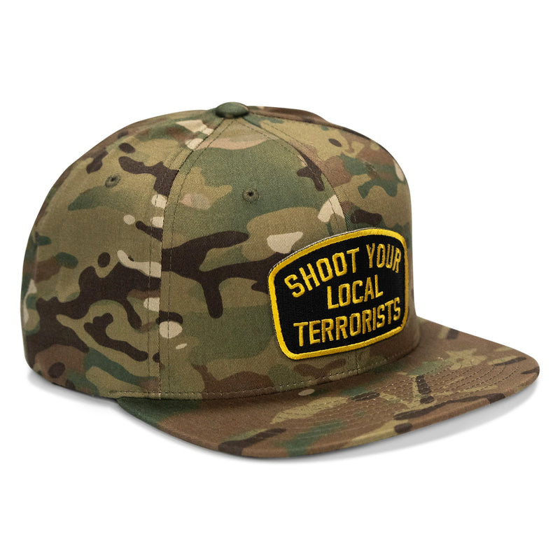 Load image into Gallery viewer, Shoot Your Local Terrorist Patch Flatbill Snapback Hat
