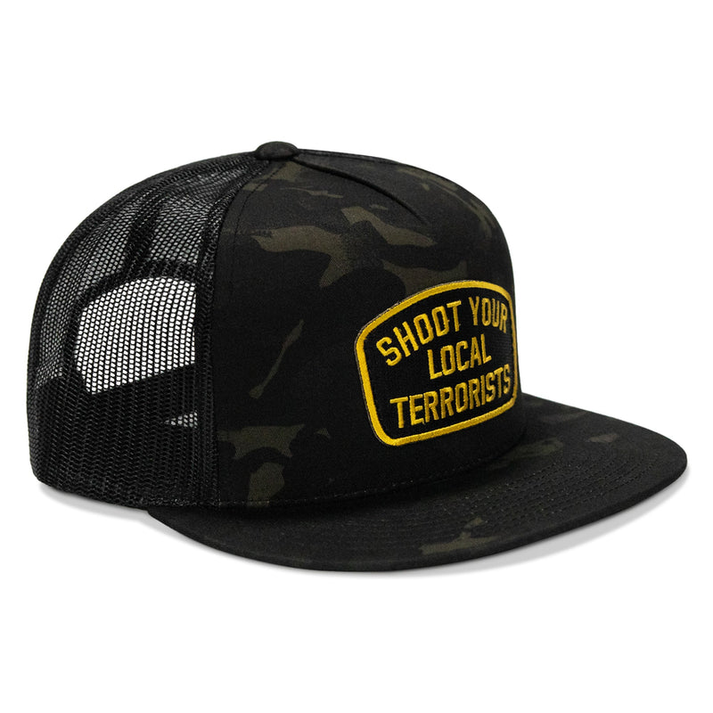 Load image into Gallery viewer, Shoot Your Local Terrorist Patch Flatbill Snapback Hat
